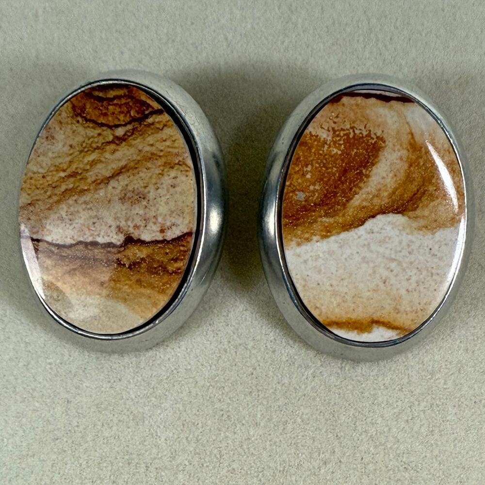 Vintage Alexis Kirk Brown Tan Marbled Silver Tone Oval Clip On Earrings Signed